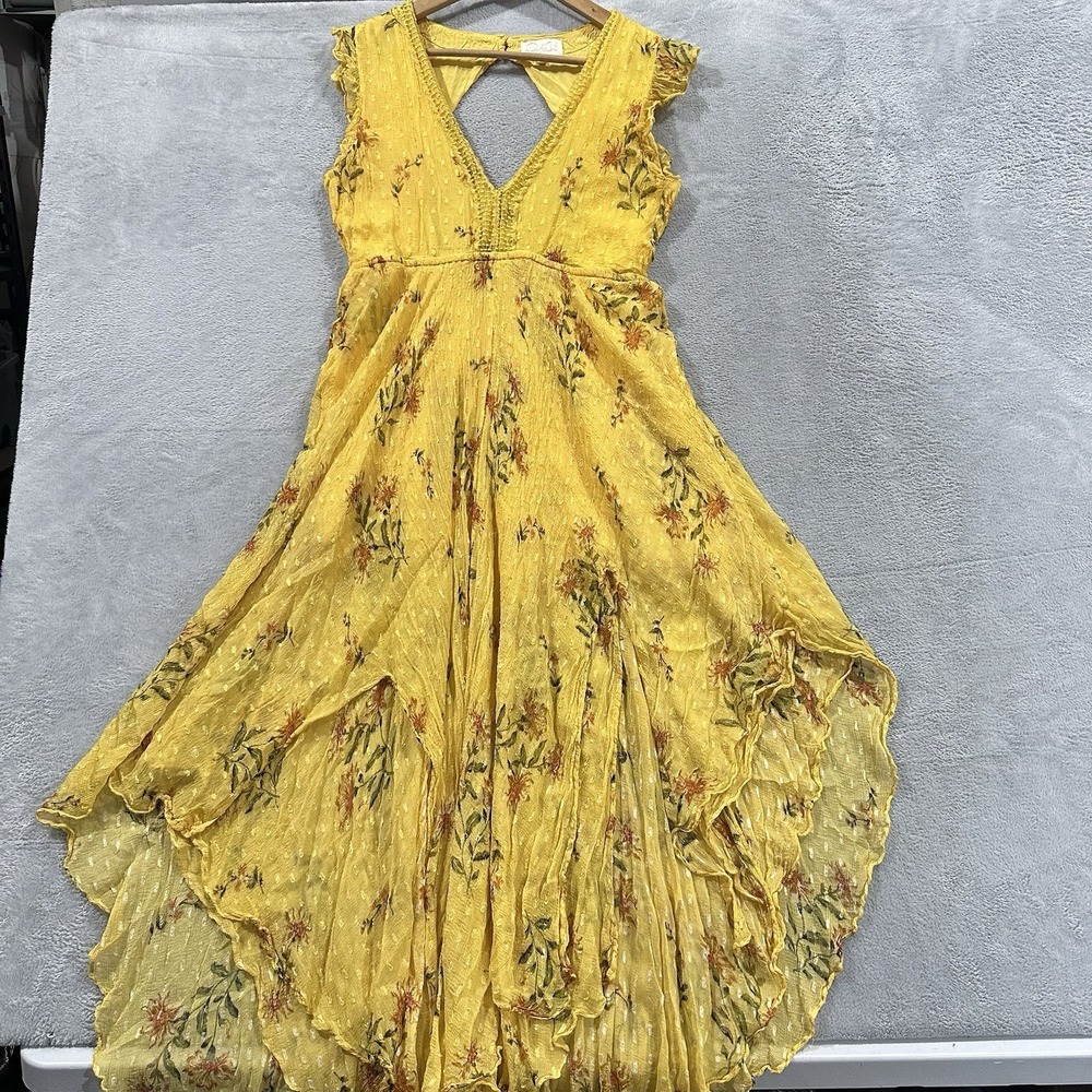 Rahi Cali Maxi Dress Sz 12 Yellow Ruffle Asymetrical Boho Lagenlook Floral